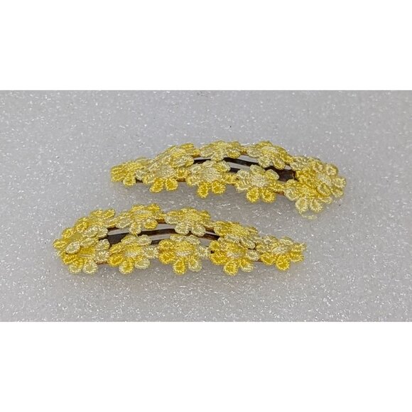 Vintage Floral Yellow Embroidered Flower Hair Barrettes Clips set of 2 - Picture 1 of 3